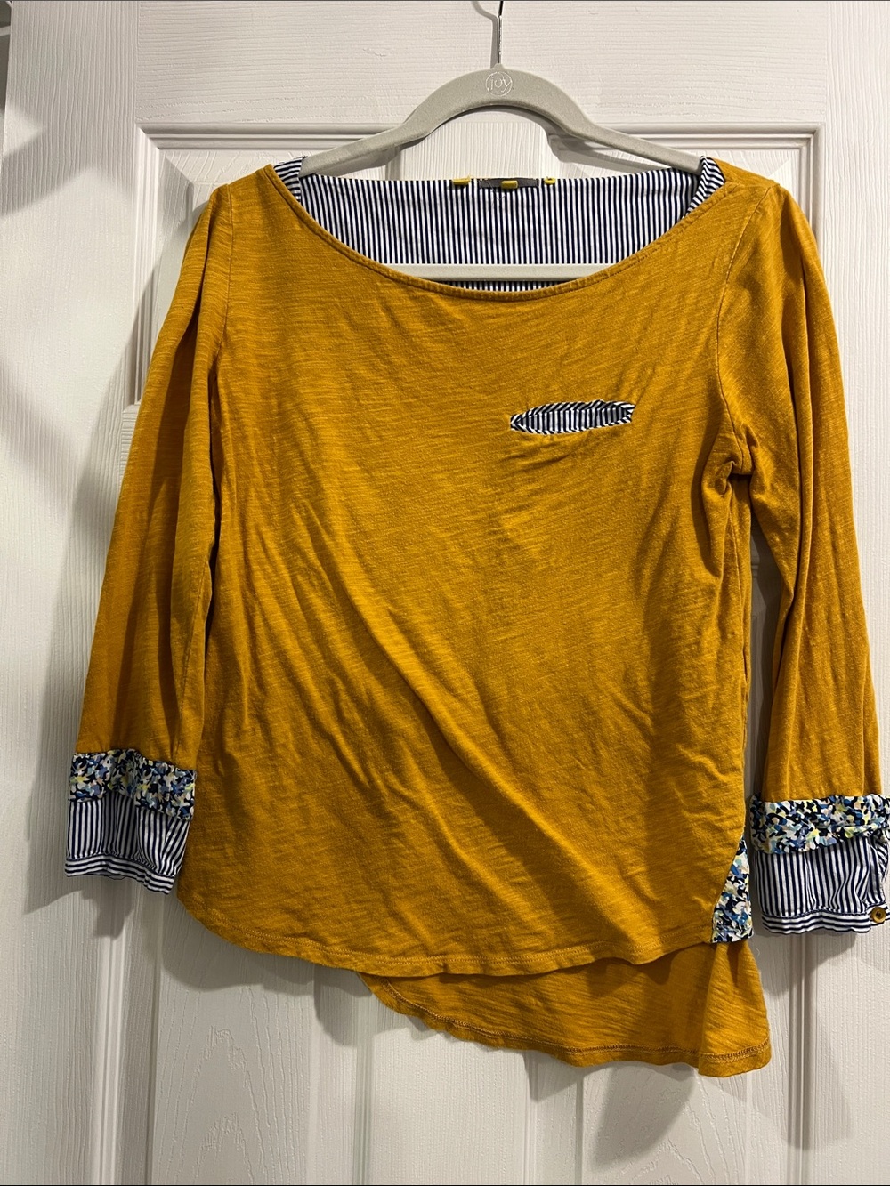 Anthropologie Women's Yellow Button Mustard Long Sleeve Top with Stripe Trim